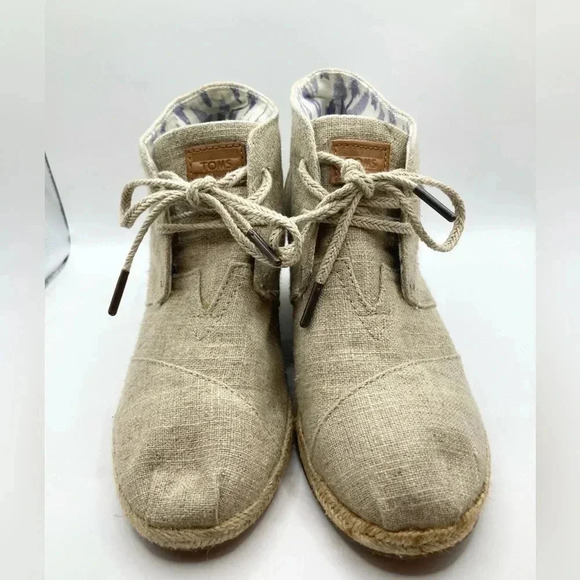 TOMS Bootie Burlap Wedge Canvas Lace up Tan Shoe Women’s Size 7.5 W MSRP $99 - Picture 4 of 11